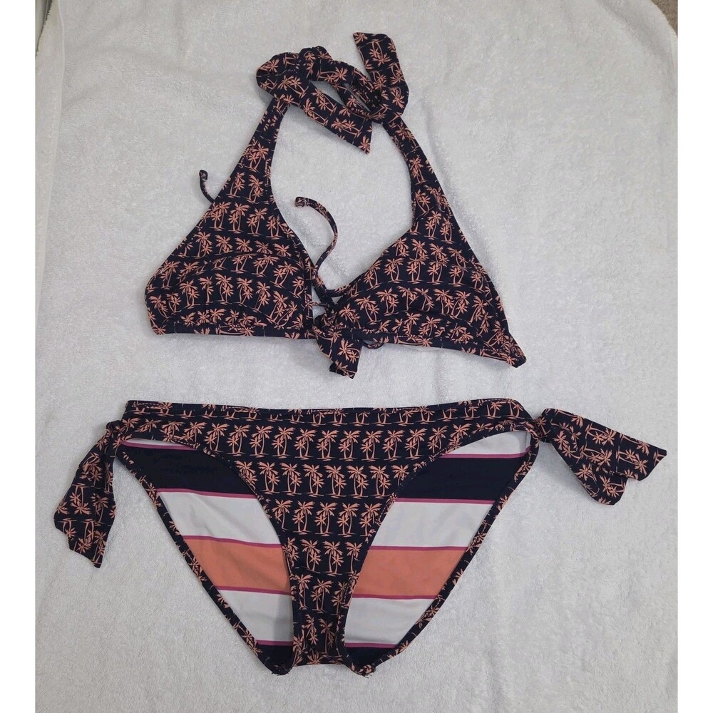 Navy Palm Tree White Pink Striped Reversible Bikini Set Tie Halter Swim Medium